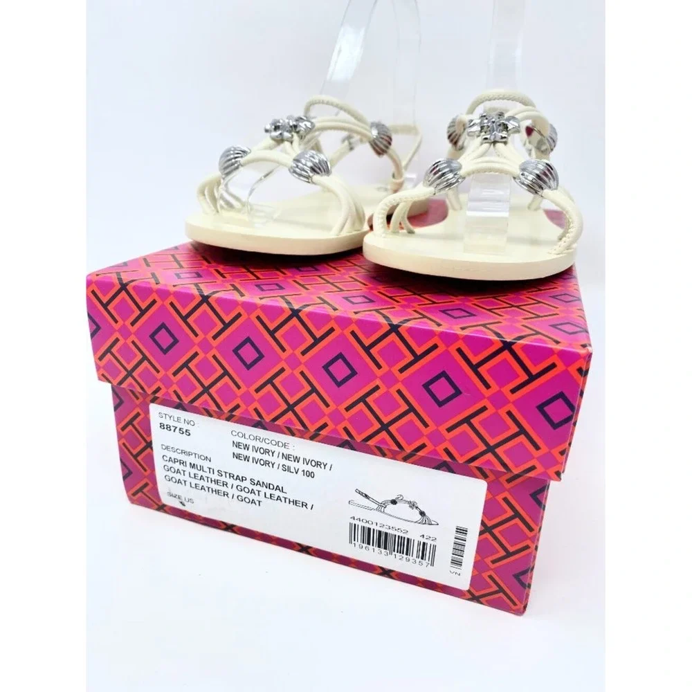 TORY BURCH CREAM LEATHER GLADIATOR SANDALS WITH SILVER HARDWARE NEW IN BOX